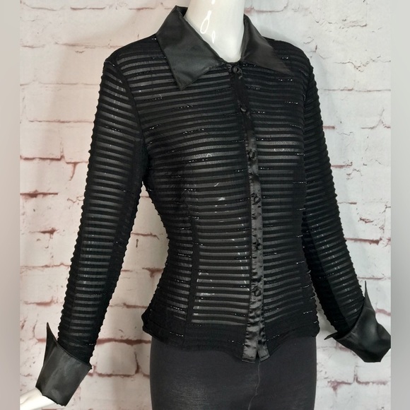JS COLLECTIONS Evening Black Semi Sheer Satin French Cuff Beaded Blouse Size 10 - Picture 2 of 15